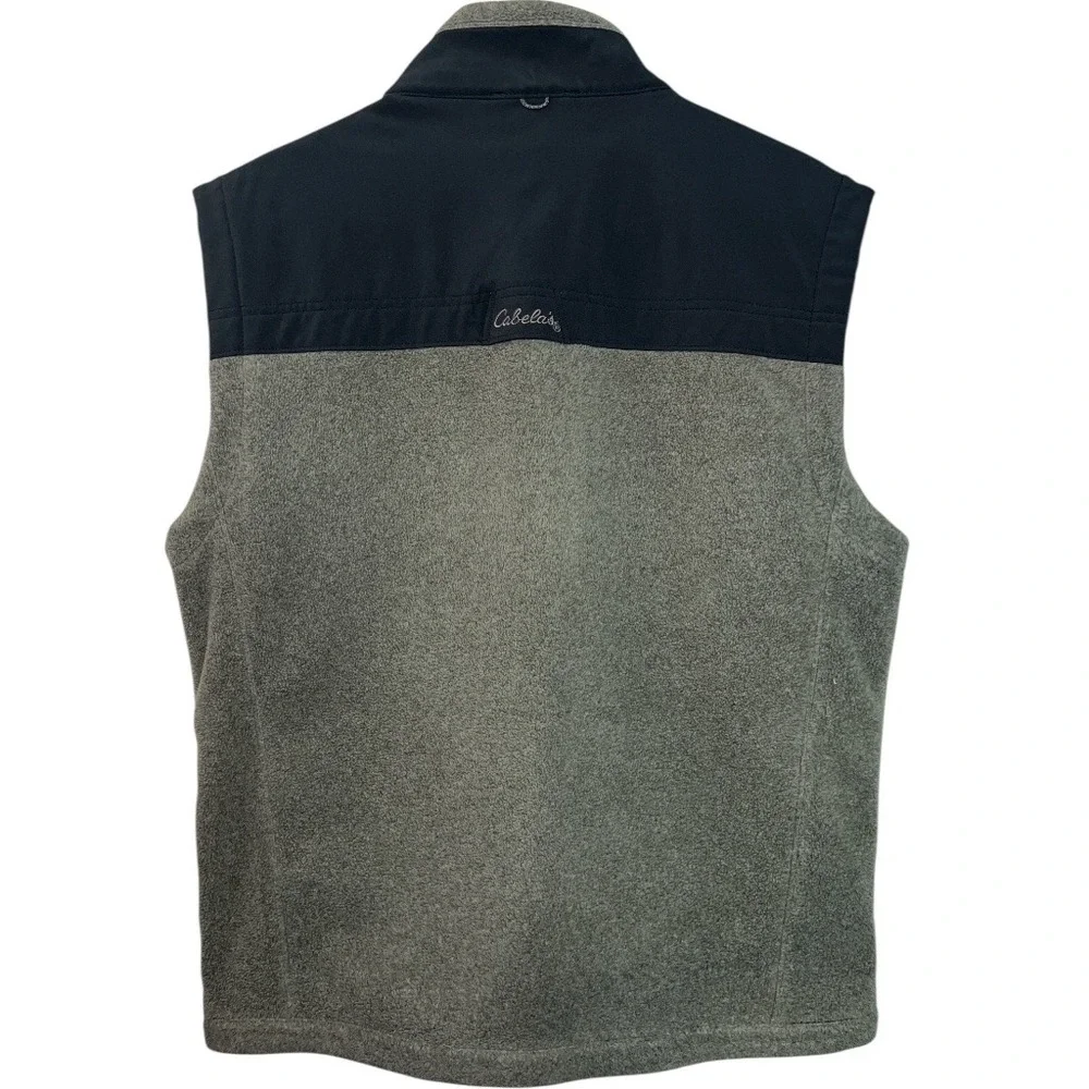 Cabelas Mens Fleece Vest Gray Navy Blue Full Zip Outdoor Pockets Size M Gorpcore